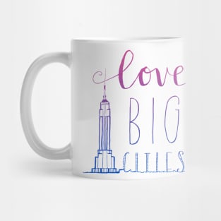 New York City Skyline Illustrations and Lettering--Love Big Cities in neon red and blue Mug